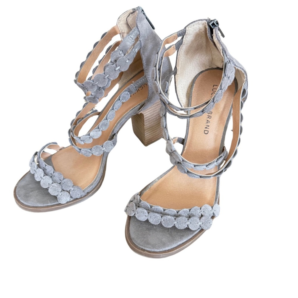 LUCKY BRAND Lameer Strappy Scallop Suede Trim Sandal Block Heel Size 9 Mushroom